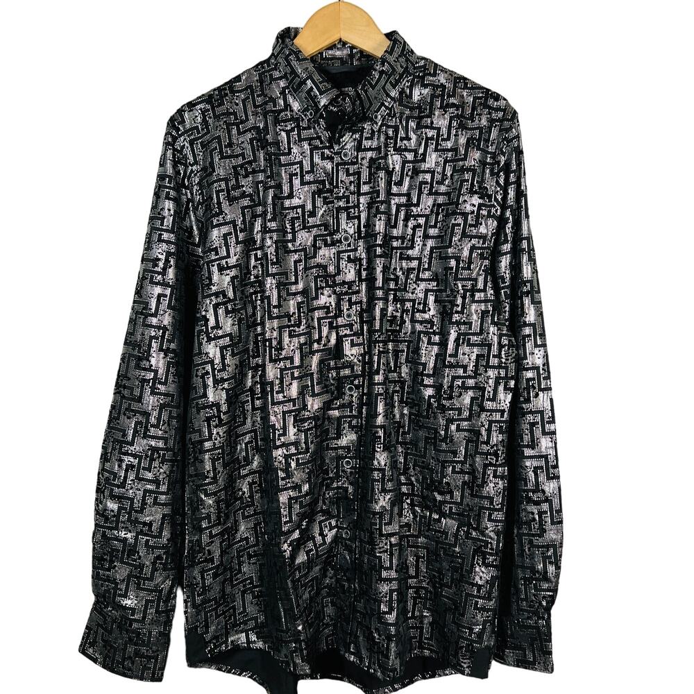 NEW! Fried Denim Button Down Dress Shirt Long Sleeve Black Silver Metallic - XL